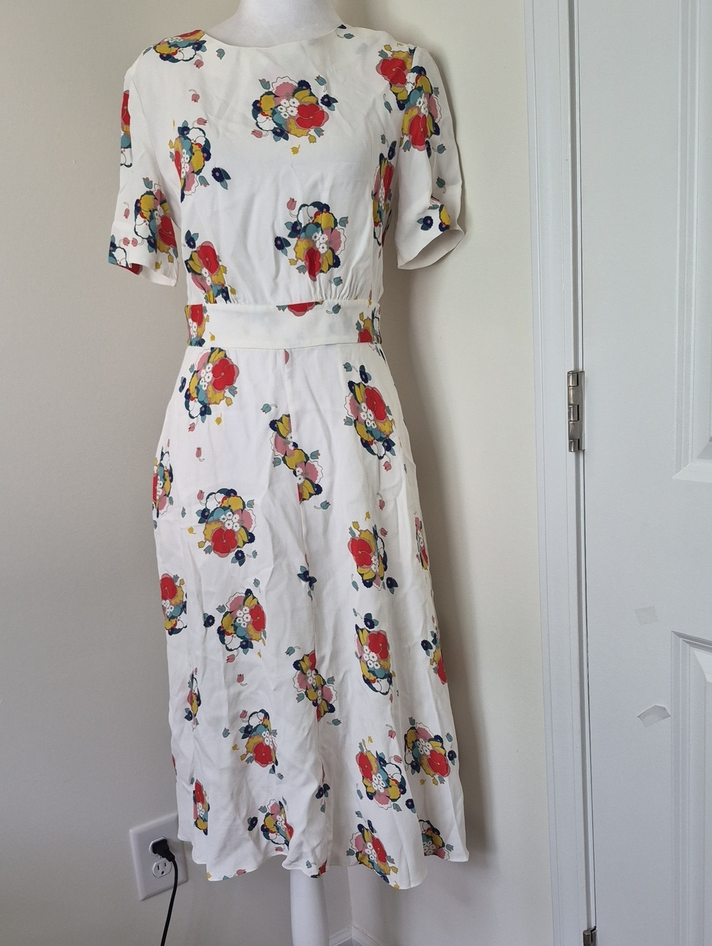 Boden Cream Midi Dress with Red, Yellow and Navy Floral Print